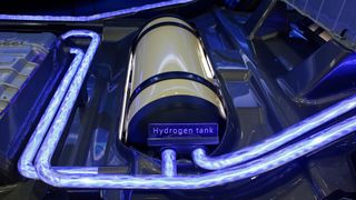 The hydrogen fuel tank of a Toyota vehicle on display.