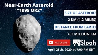 On April 28, 2020, Slooh will hold a live webcast of asteroid 1998 OR2's close approach to Earth.