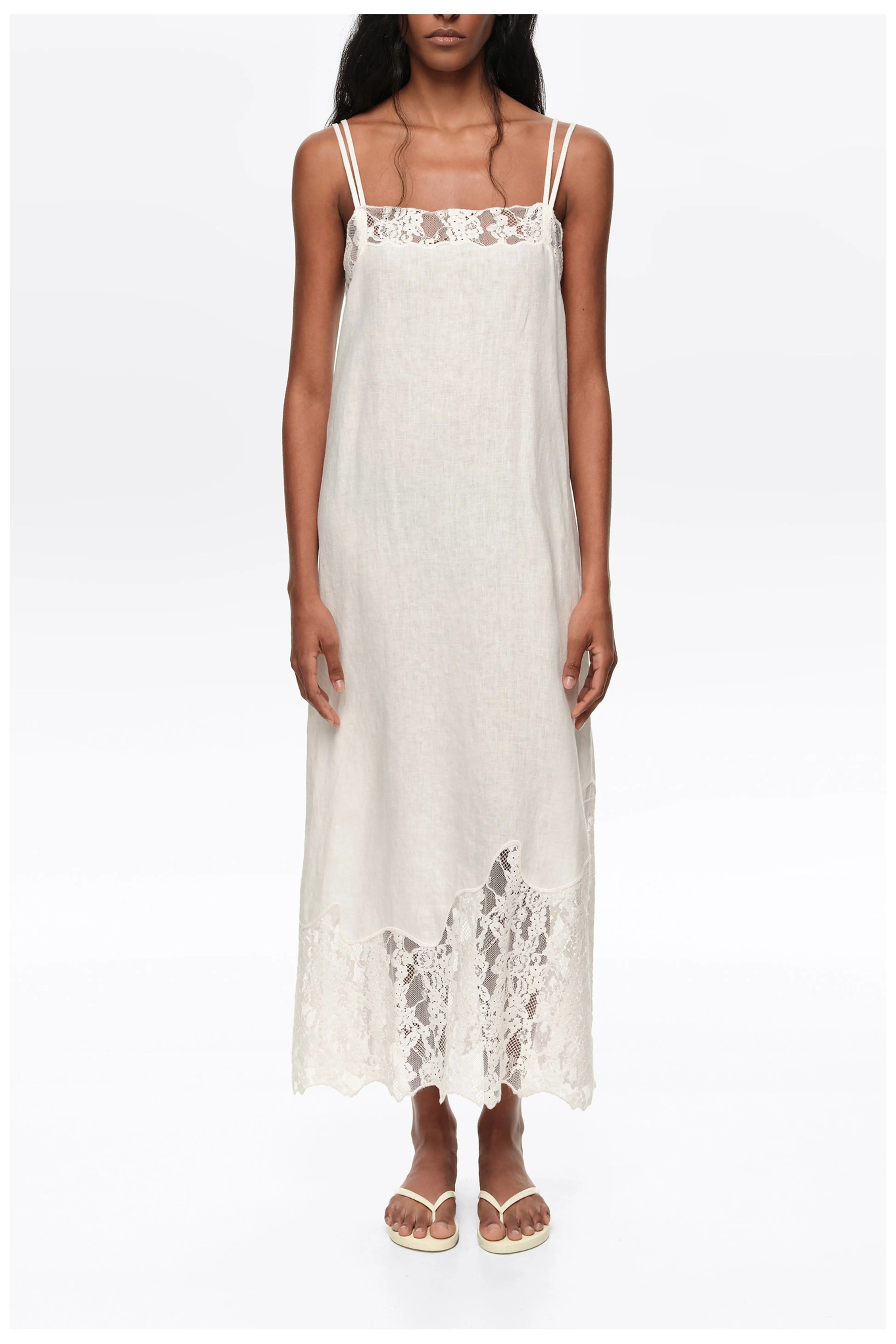 Washed Linen Lace Midi Dress