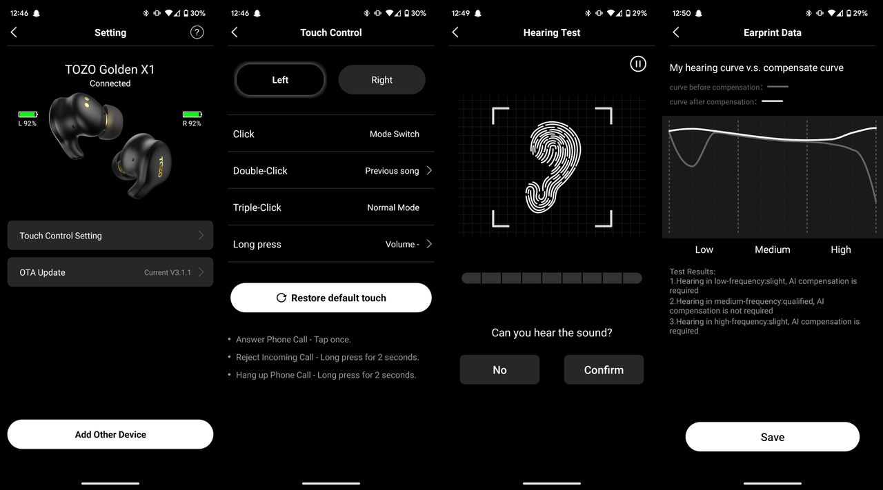 TOZO Golden X1 wireless earbuds settings in the TOZO Android app