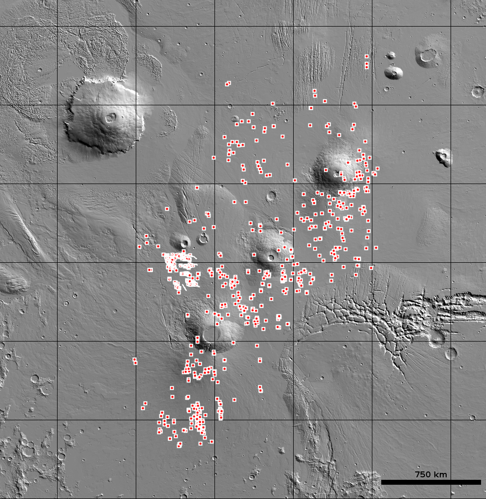 The U.S. Geological Survey&#039;s (USGS) Astrogeology Science Center has released the locations of more than 1,000 cave-entrance candidates on Mars. The dots indicate the location of possible caves in the Tharsis region on Mars.