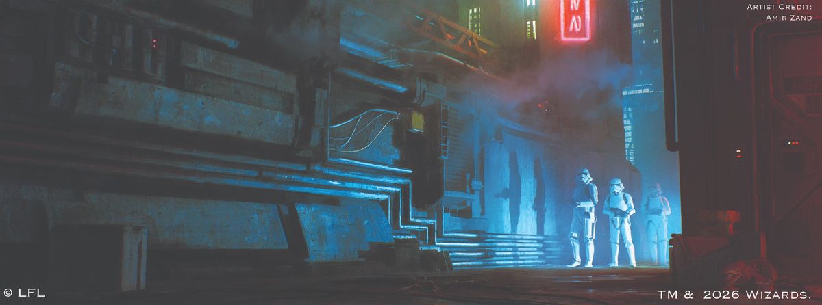 Stormtroopers move down a grimy city alley in artwork from D&amp;D Star Wars