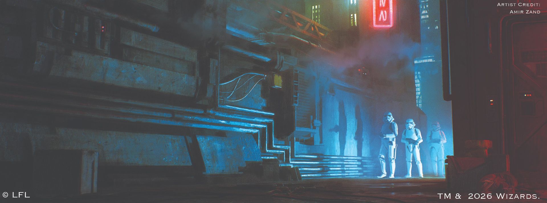 Stormtroopers move down a grimy city alley in artwork from D&D Star Wars