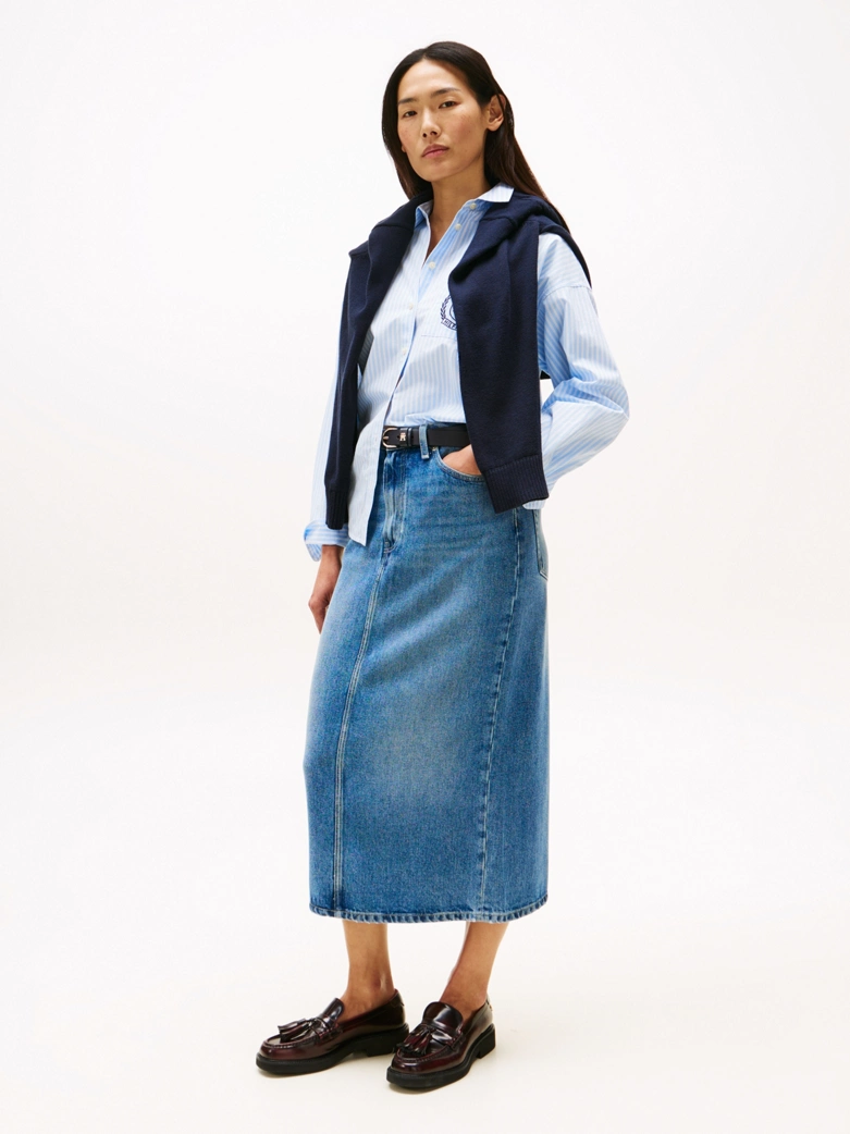 High Rise Straight Denim Midi Skirt