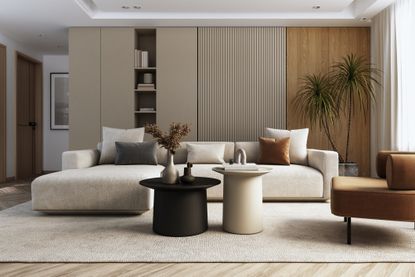 Modern living room with brown black and white tones