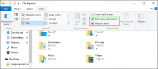 Turn on file name extensions and hidden items at the top