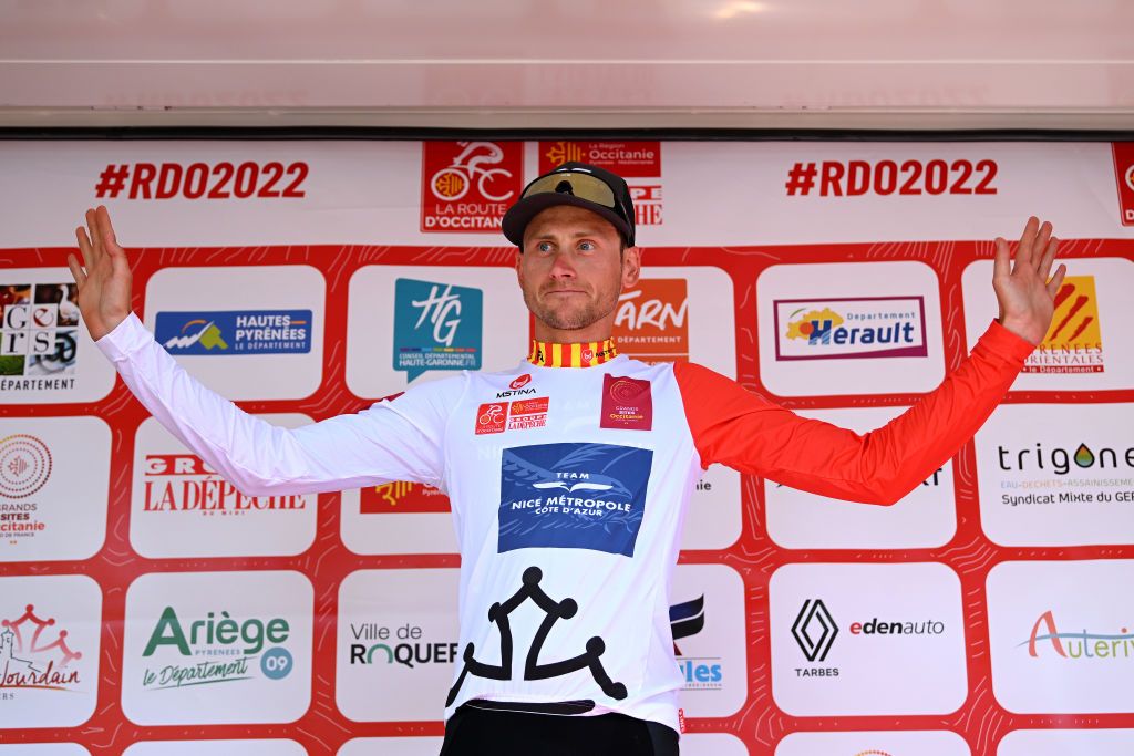 AUTERIVE FRANCE JUNE 19 Jean Goubert of France and Team Nice Metropole Cote Dazur celebrates at podium as Occitanie jersey winner during the 46th La Route dOccitanie La Depeche du Midi 2022 Stage 4 a 1883km stage from Les Angles to Auterive RDO2022 on June 19 2022 in Auterive France Photo by Dario BelingheriGetty Images