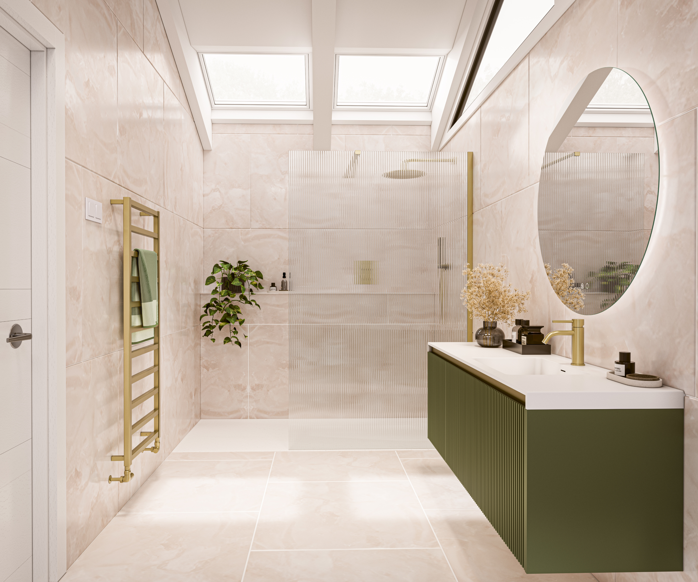 bathroom with skylights green wall mounted vanity unit and large walk in shower