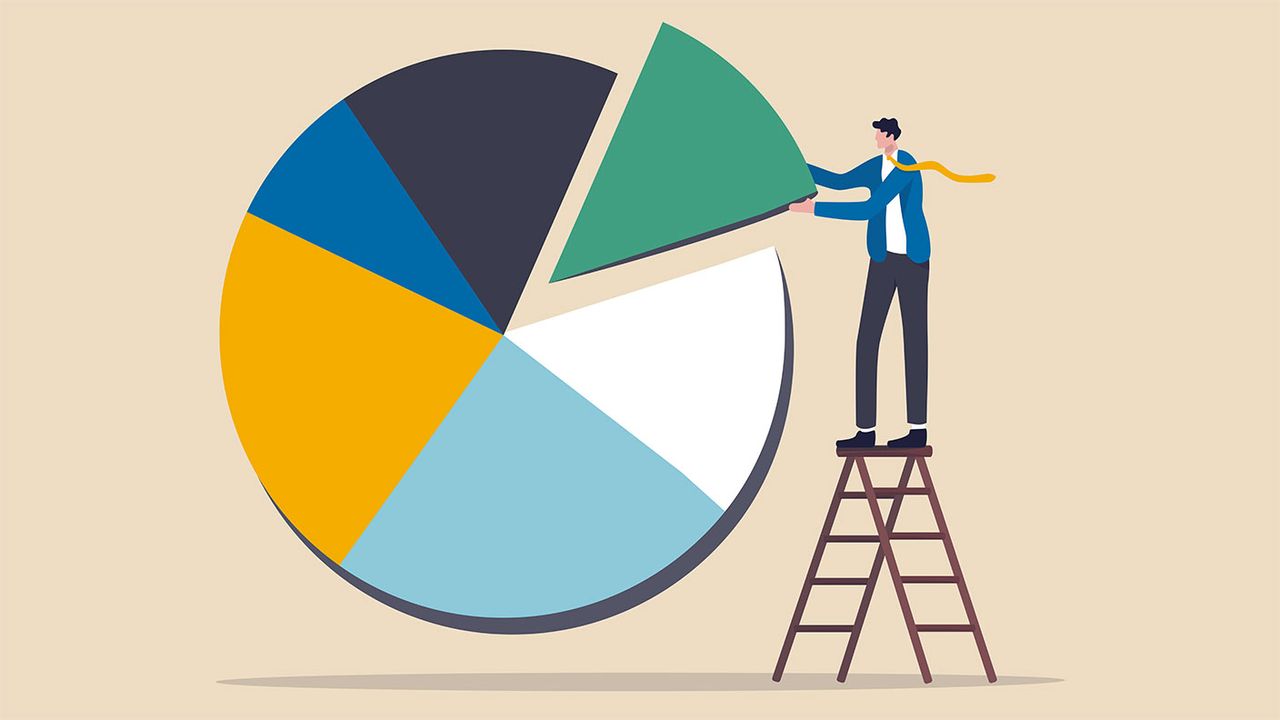 Illustration of a man adjusting a pie chart 