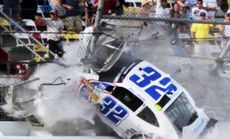 Kyle Larson, driver of the #32 Clorox Chevrolet, is involved in an incident on the last lap of the NASCAR Nationwide Series DRIVE4COPD 300 on Feb. 23.
