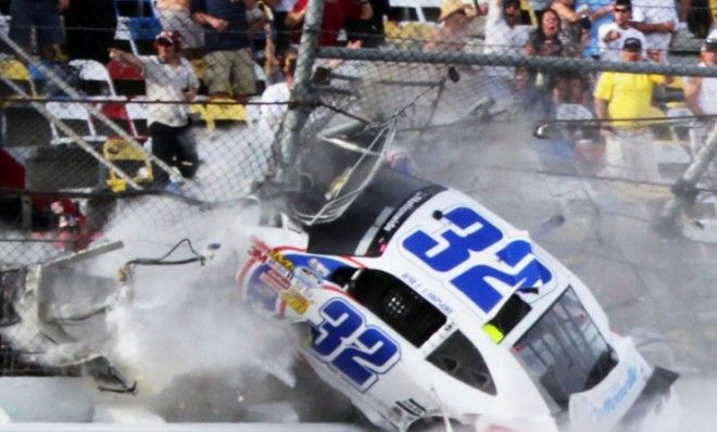 Kyle Larson, driver of the #32 Clorox Chevrolet, is involved in an incident on the last lap of the NASCAR Nationwide Series DRIVE4COPD 300 on Feb. 23.