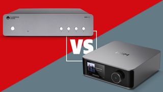 WiiM Ultra vs Cambridge Audio MXN10 on red and grey graphic background