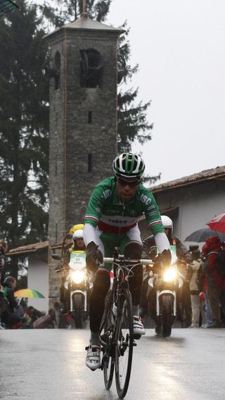 An iconic Lombardy image: the Italian champion in the shadow of the chapel of the Madonna del Ghisallo. Giovanni Visconti (ISD-Neri) was aggressive on the climb but would pay for his efforts subsequently.