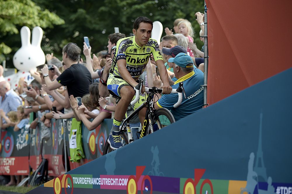 Alberto Contador (Tinkoff-Saxo) rides on stage at the Tour de France team presentation