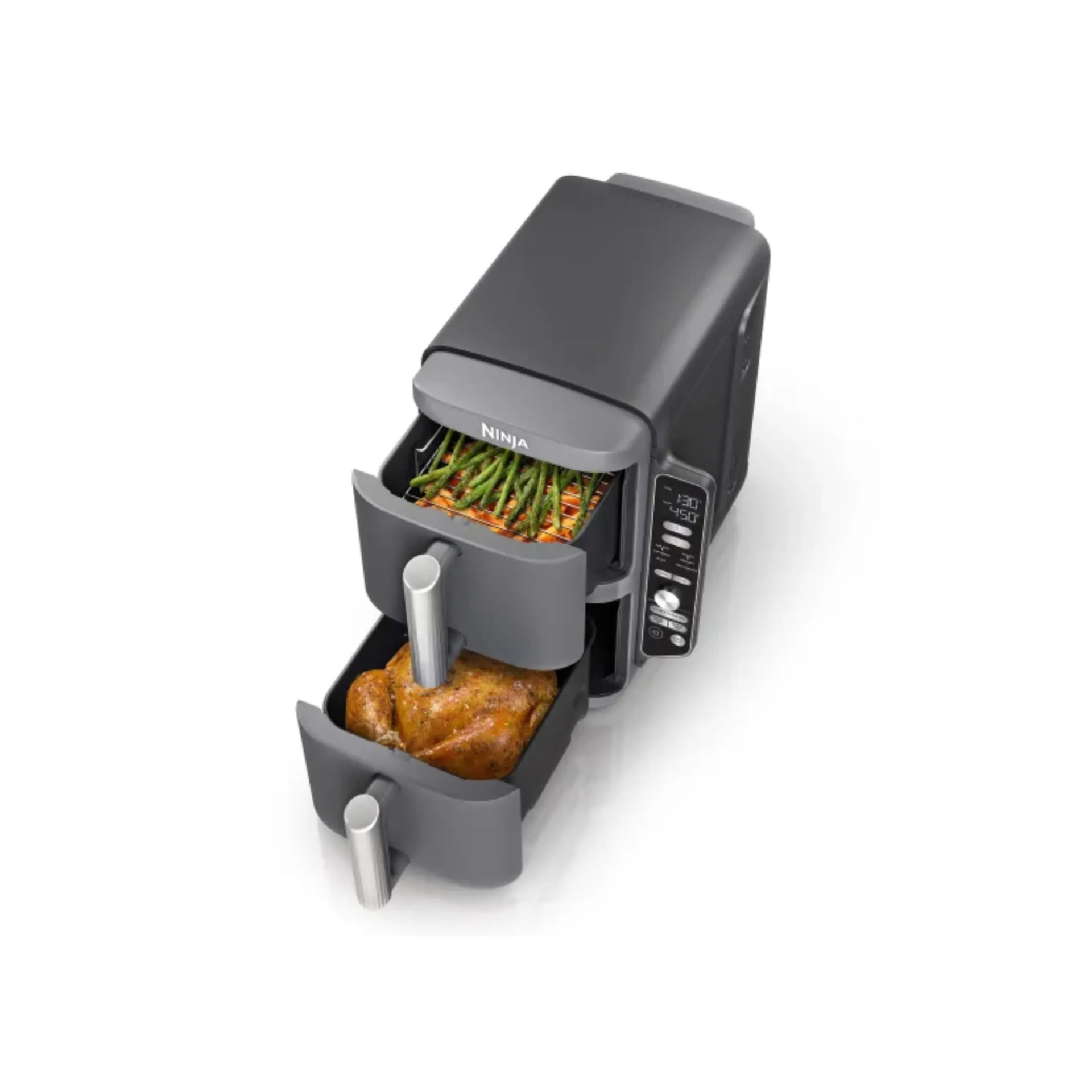 Ninja Double Stack Air Fryer with a chicken in one drawer and vegetables in another