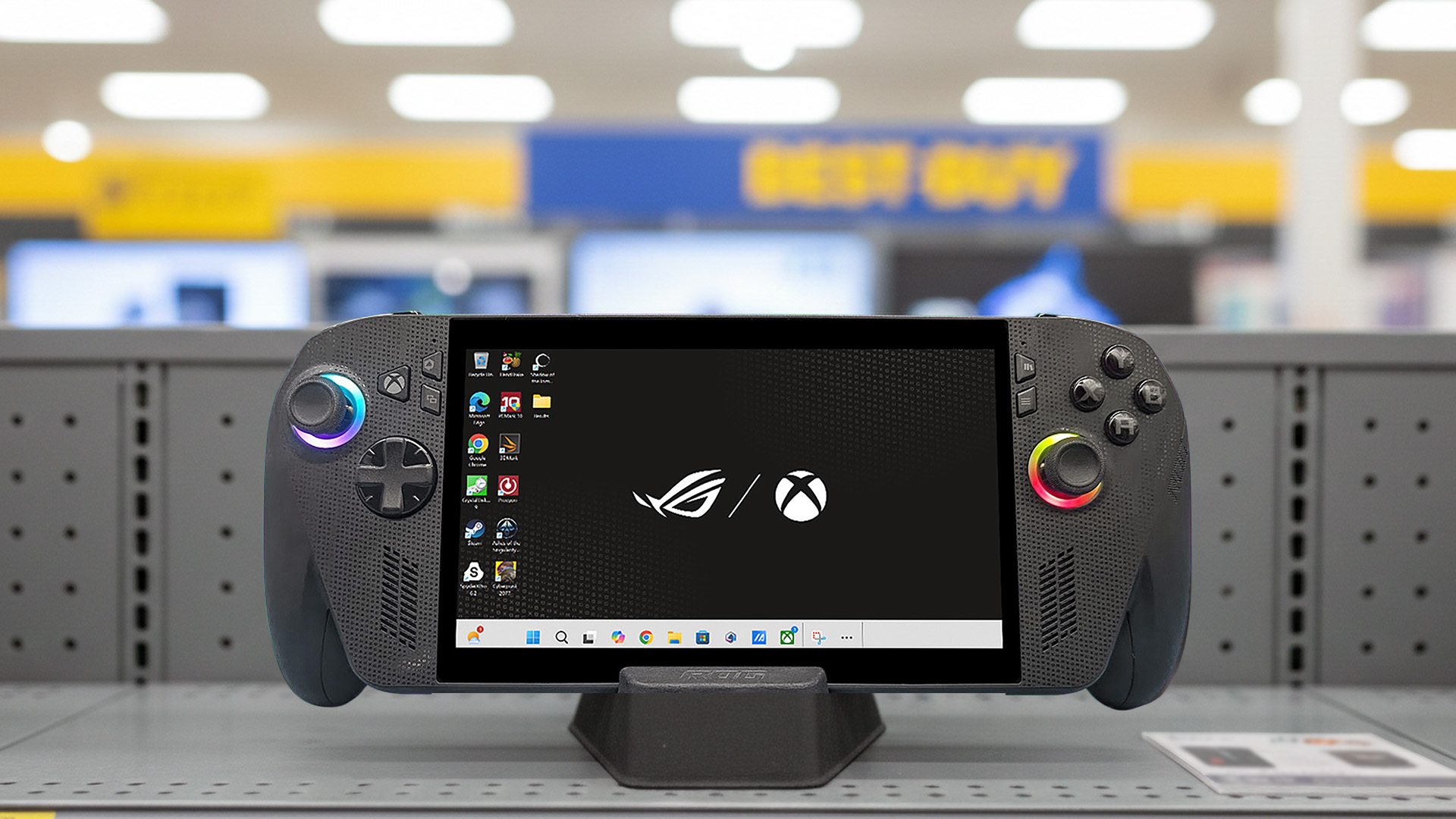 Xbox Ally X handheld imagined on a Best Buy shelf, generated with Gemini