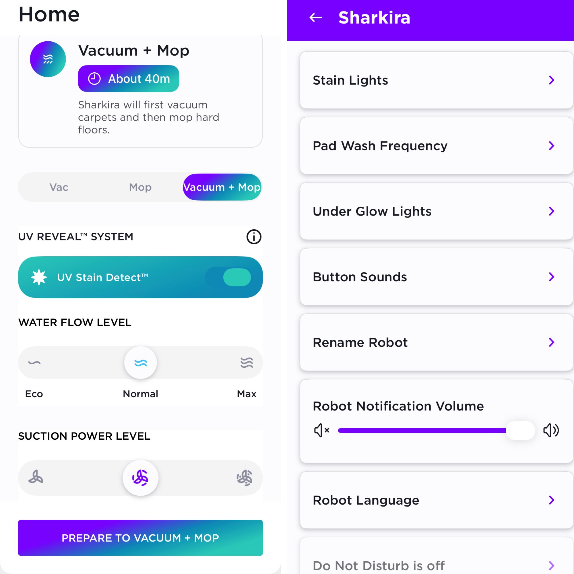 Screenshots of the Shark robot app, showing cleaning and customisation options of the Shark PowerDetect UV Reveal