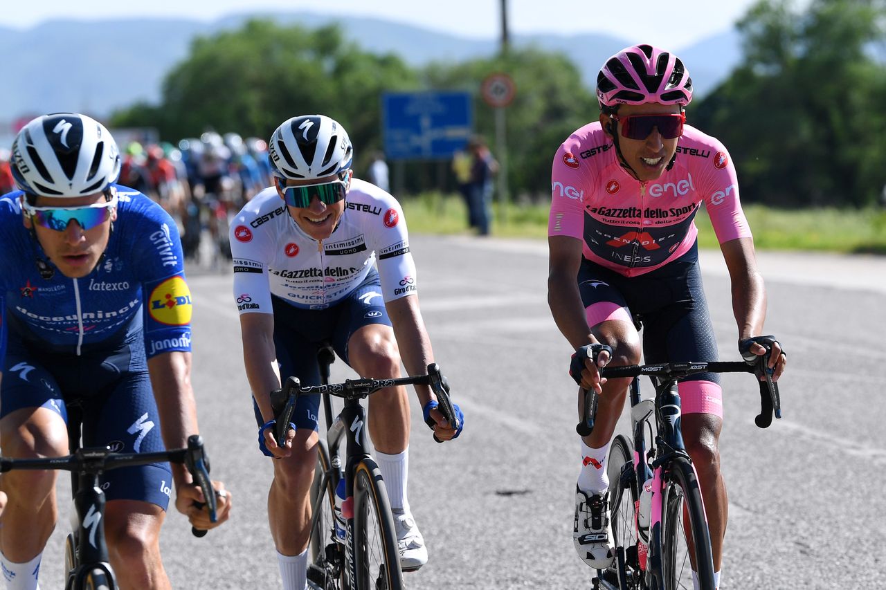 Egan Bernal and Remco Evenepoel after the intermediate sprint on stage nine of Giro d&#039;Italia 2021