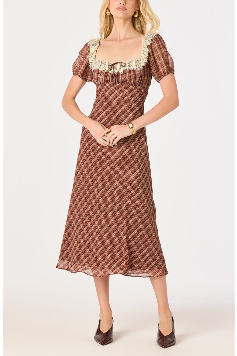 Edwardine Lace Trim Plaid Midi Dress