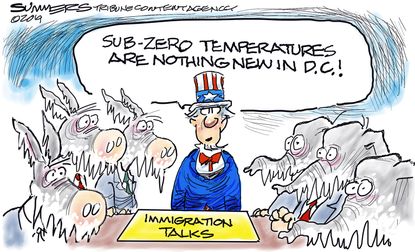 Political Cartoon U.S. Washington Immigration Subzero Temperatures
