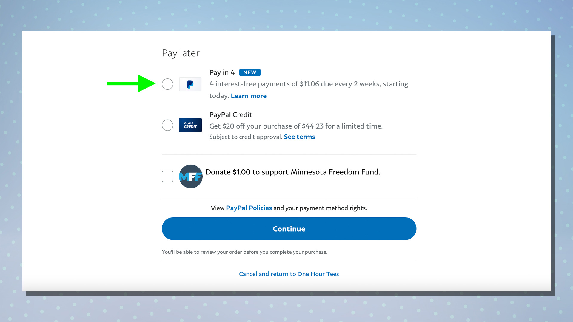 Снимок экрана, показывающий шаги для PayPal Pay в 4