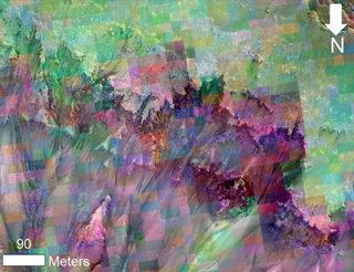 Color-Coded Clues to Composition Superimposed on Martian Seasonal-Flow Image