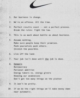 Nike manifesto - a list of maxims for Nike employees