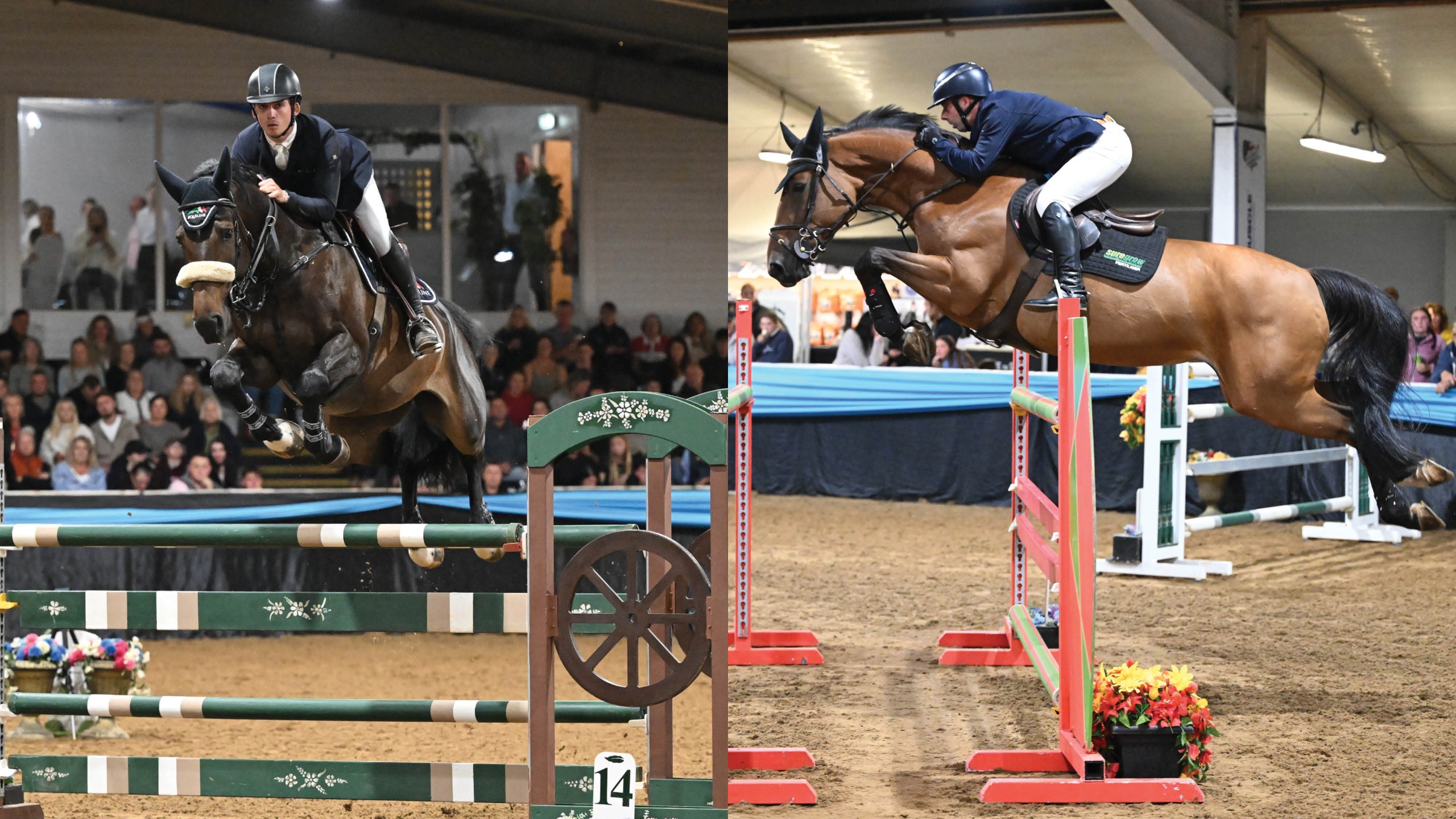 Jack Whitaker (Annyalla Silverado) and his cousin Robert Whitaker (Secret Touch JW Van&rsquo;t Meulenhof) dead-heat for first place in the Major Grand Prix at Arena UK, Lincs