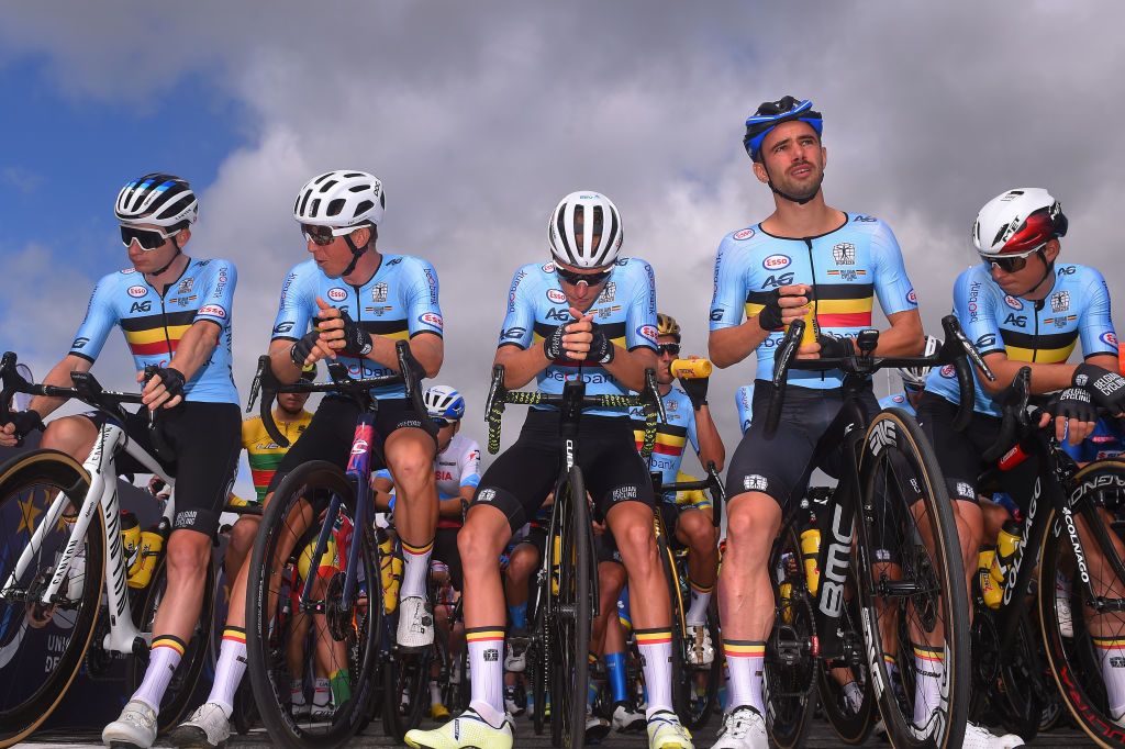 PLOUAY FRANCE AUGUST 26 Start Otto Vergaerde of Belgium Sep Vanmarcke of Belgium Xandro Meurisse of Belgium Victor Campenaerts of Belgium Jasper Philipsen of Belgium during the 26th UEC Road European Championships 2020 Mens Elite a 17745km race from Plouay to Plouay UECcycling EuroRoad20 on August 26 2020 in Plouay France Photo by Luc ClaessenGetty Images
