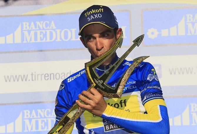 Alberto Contador (Tinkoff-Saxo) with the trident trophy of overall Tirreno-Adriatico winner