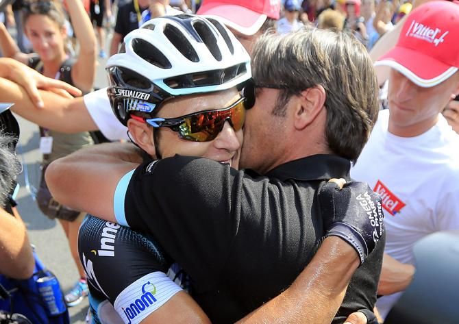 Hugs of joy for Matteo Trentin (Omega Pharma-Quickstep)