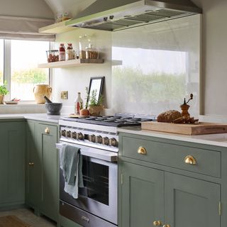 green kitchen with range cooker and extractor hood