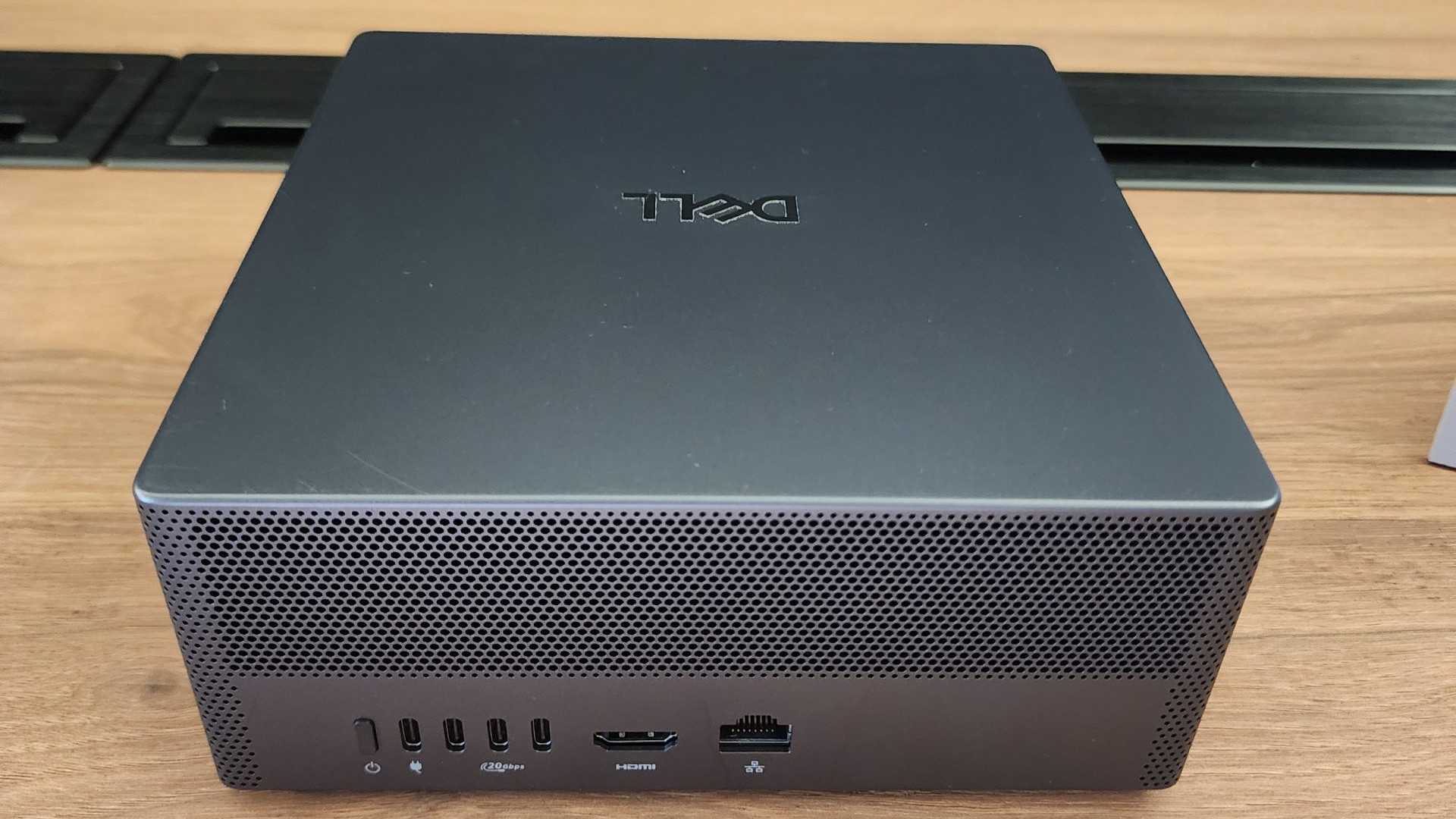 Dell XPS RTX Spark Desktop front view of the compact PC showing ports