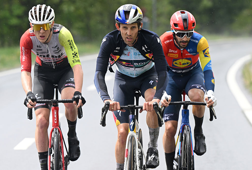 THYON 2000, SWITZERLAND - MAY 03: (L-R) Louis Barre of France and Team Intermarche - Wanty, Ben Zwiehoff of Germany and Team Red Bull - BORA - hansgrohe - Blue Mountain Jersey and Julien Bernard of France and Team Lidl-Trek compete in the breakaway during the 78th Tour De Romandie 2025, Stage 4 a 128.3km stage from Sion to Thyon 2000 (2091m) / #UCIWT / on May 03, 2025 in Thyon 2000, Switzerland. (Photo by Dario Belingheri/Getty Images)