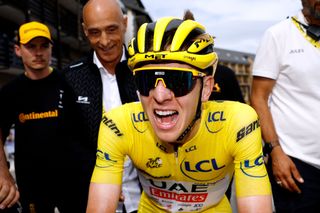 SAINTLARYSOULAN PLA DADET FRANCE JULY 13 Stage winner Tadej Pogacar of Slovenia and UAE Team Emirates Yellow Leader Jersey reacts after the 111th Tour de France 2024 Stage 14 a 1519km stage from Pau to SaintLarySoulan Pla dAdet 1653m UCIWT on July 13 2024 in SaintLarySoulan Pla dAdet France Photo by Stephane Mahe PoolGetty Images