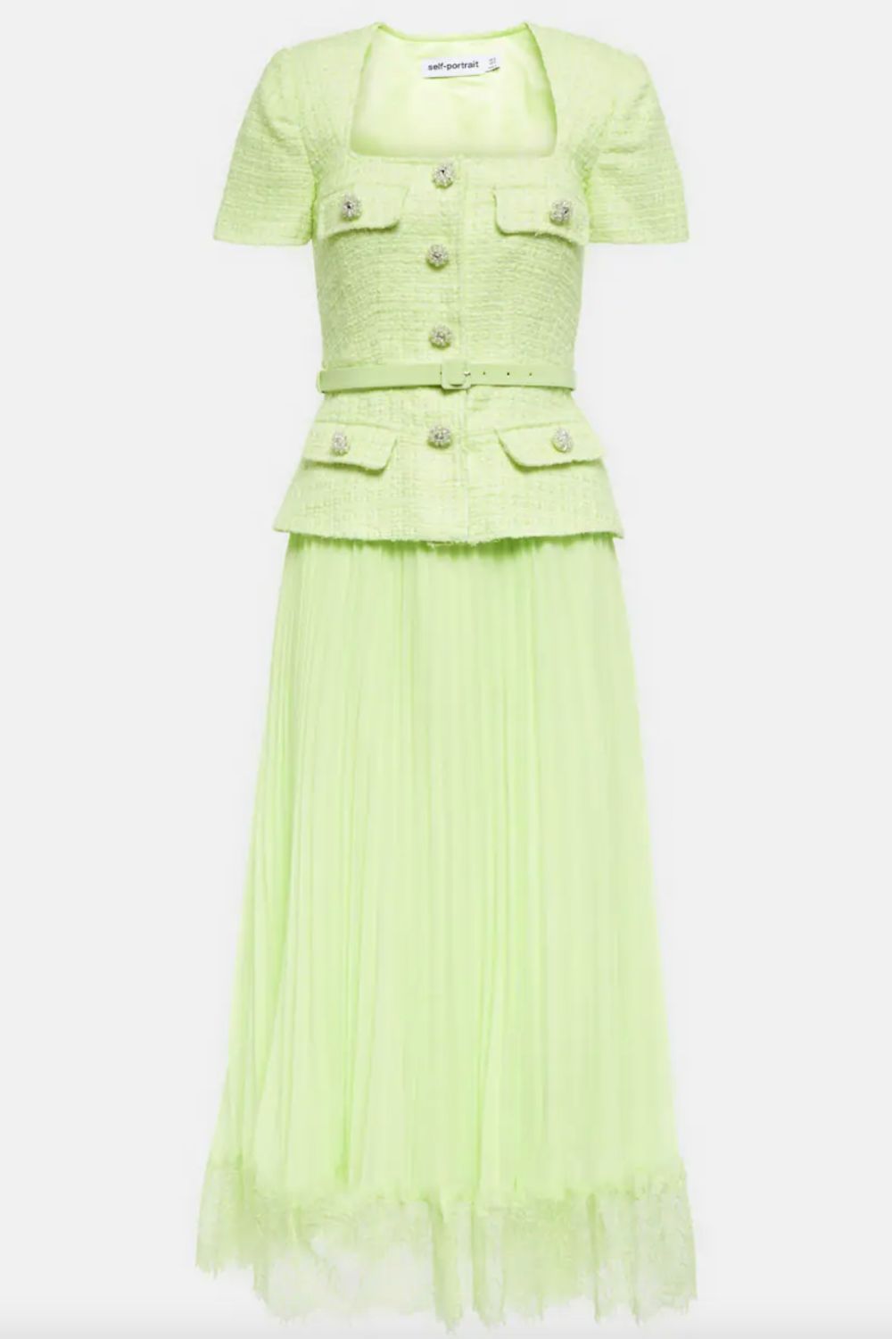 Self Portrait Lime Boucle Chiffon Midi Dress