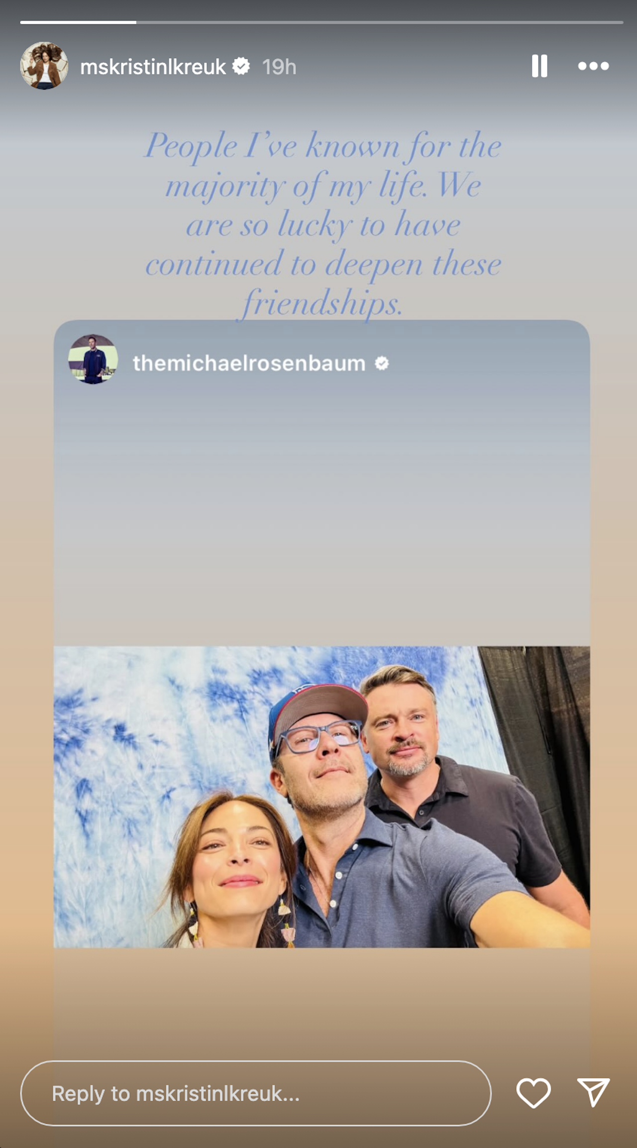 Kristin Kreuk reposting photo with Michael Rosenbaum and Tom Welling on Instagram Stories.