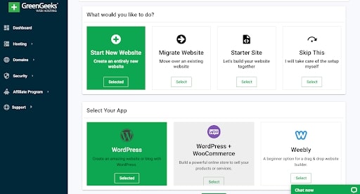 GreenGeeks' quick launch wizard