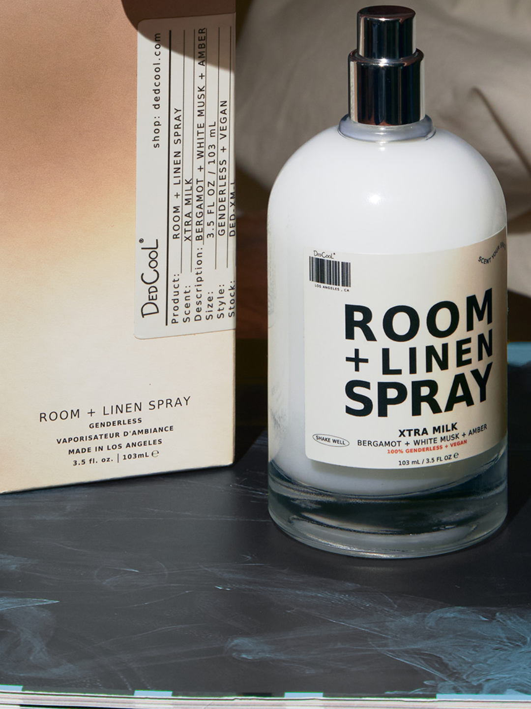 A bottle of room and linen spray from DedCool