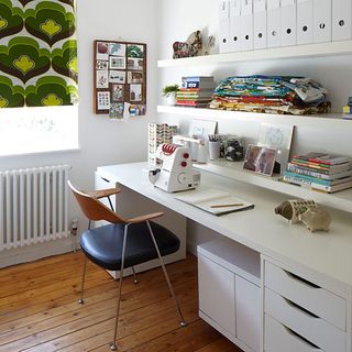 white and retro blind home office with white shelf with magazine and cloths
