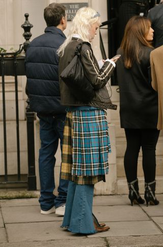 Plaid skirt outfit in London