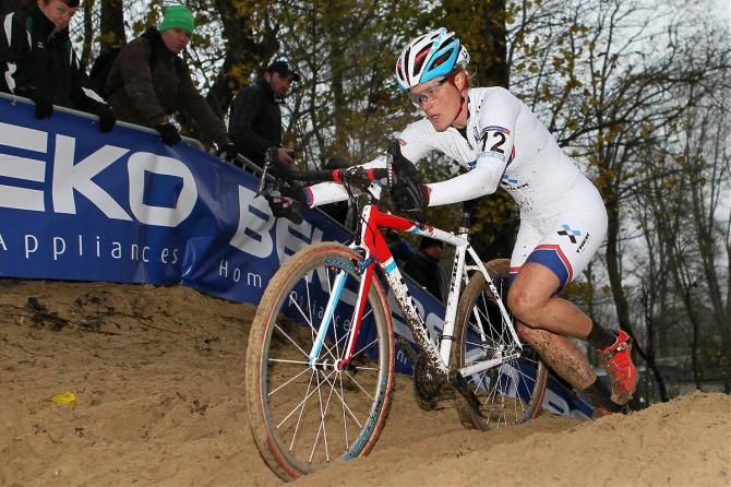 World Cup leader Katie Compton (Trek Cyclocross Collective) alone in the lead on the sandy Koksijde parcours.