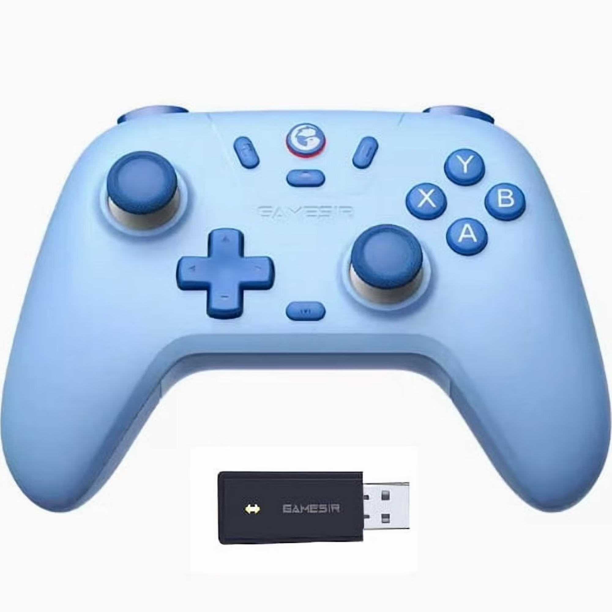 A blue GameSir Nova Lite Controller hovering over a USB-A dongle on a white background.