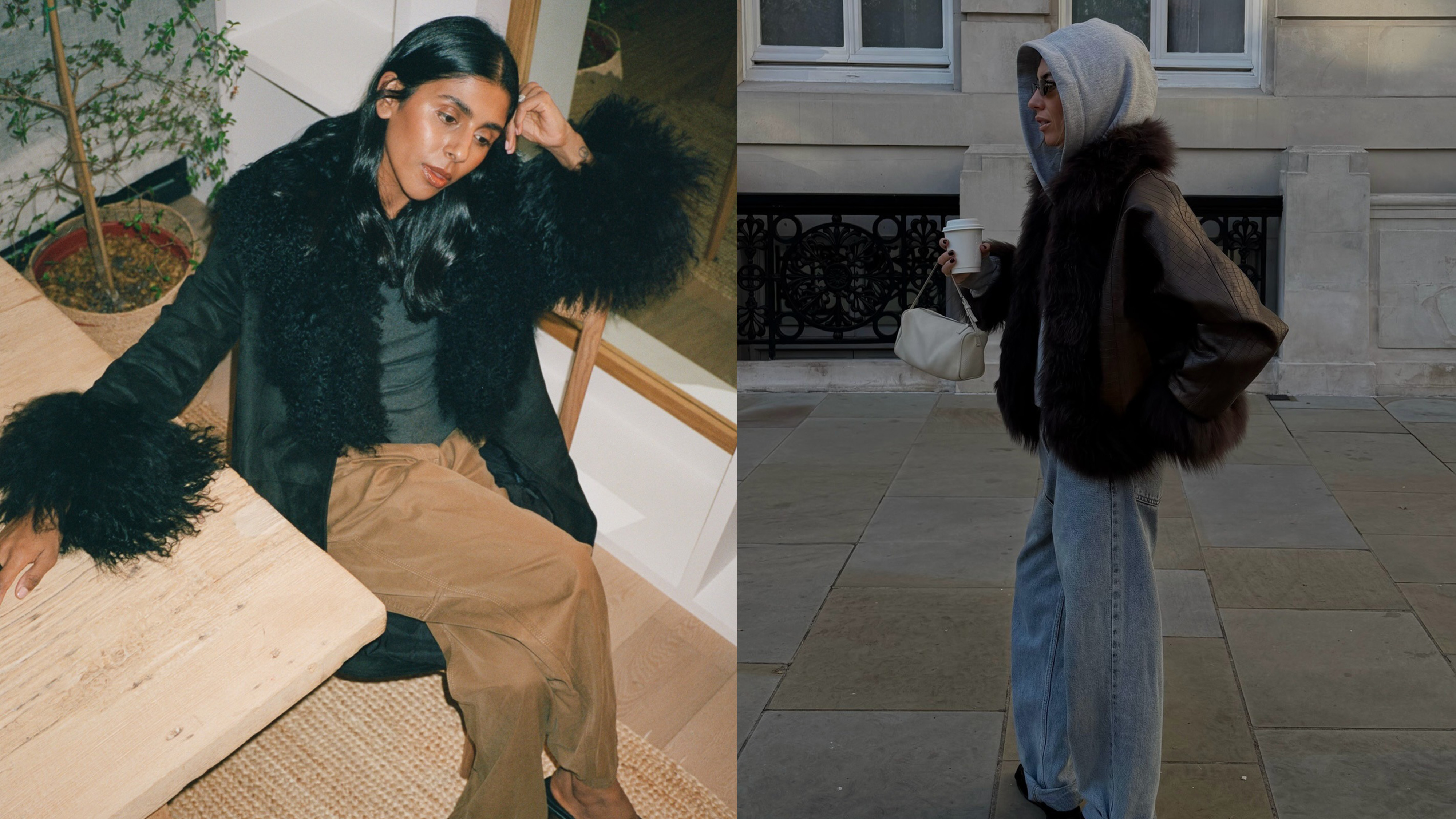 Two women wearing Penny Lane coats with pants.