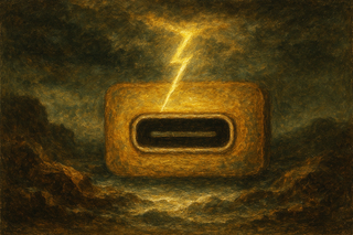 An AI-created image of a Thunderbolt 5 USB-C port in a cloudy sky with a bolt of lightning striking the USB-C input.