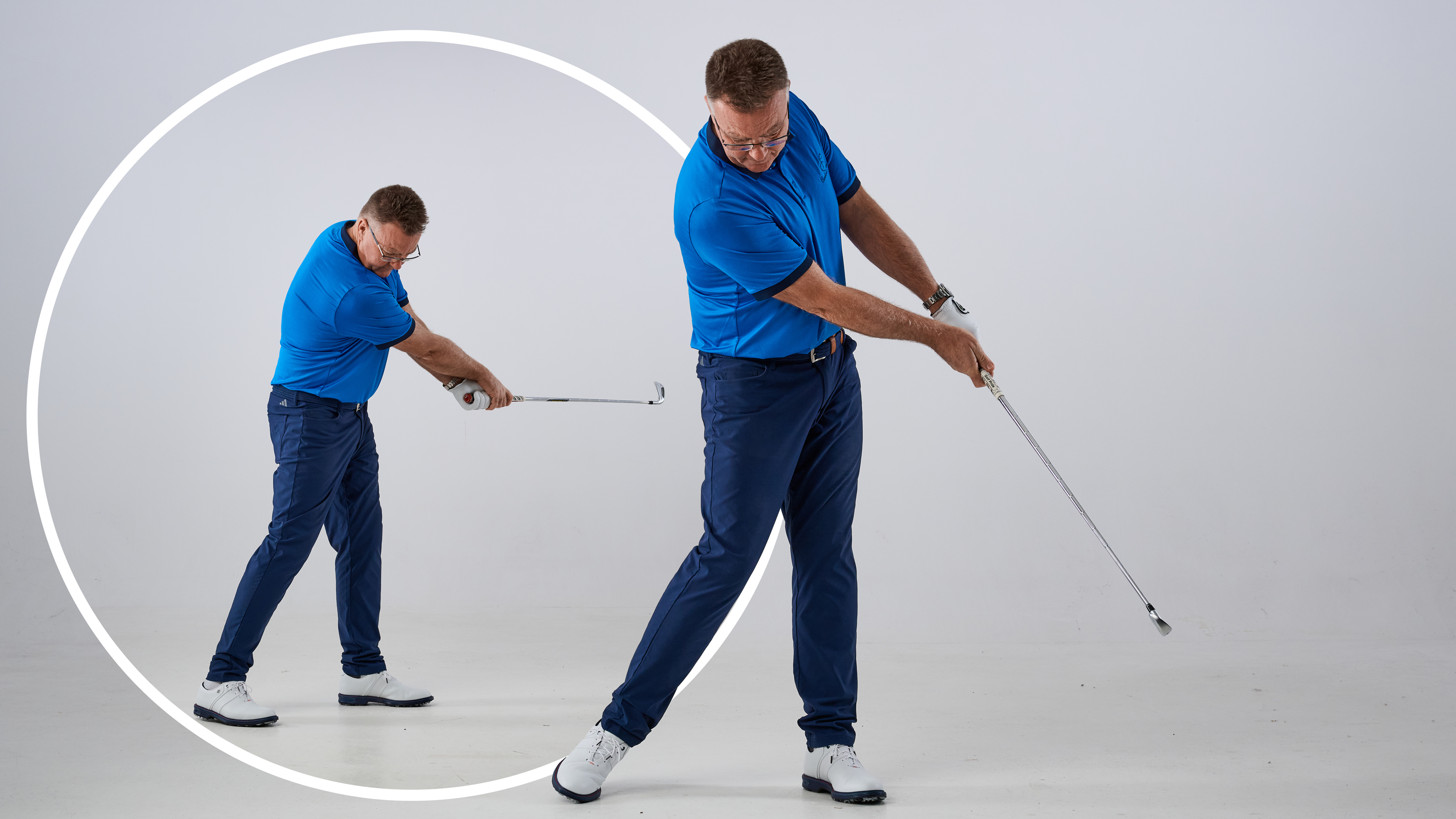 John Jacobs demonstrating the common mistake that stops amateurs releasing the golf club effectively, with an inset image of his step-back drill that helps to fix that problem