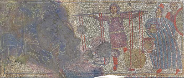 A mosaic showing a person weighing a body against gold