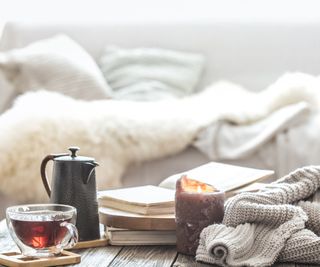 Flowers, candle, tea, and a blanket in front of a sofa
