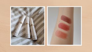 A close up picture of three Tatcha Kissu Lip tints, on a stripy backdrop alongside a close up picture of Beauty Writer, Naomi Jamieson's arm with three swatches of the Tatcha lip tints/ in a beige template