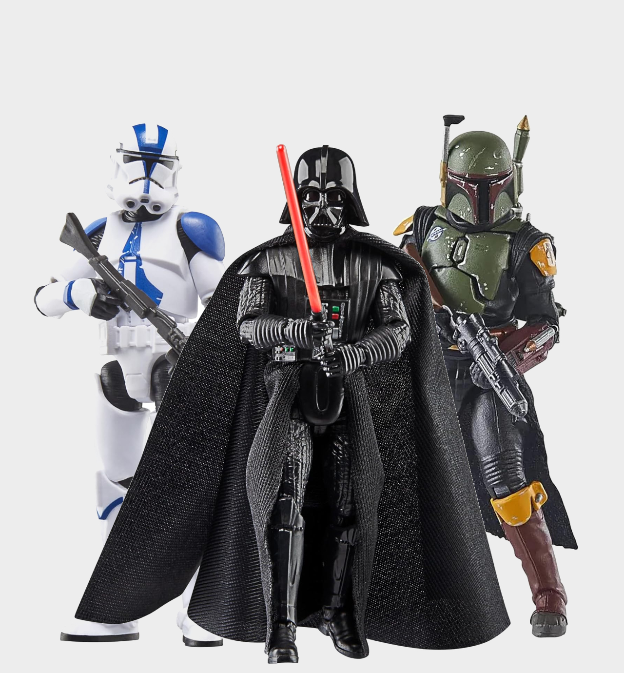 Star Wars The Vintage Collection Clone Trooper, Darth Vader, and Boba Fett against a plain background